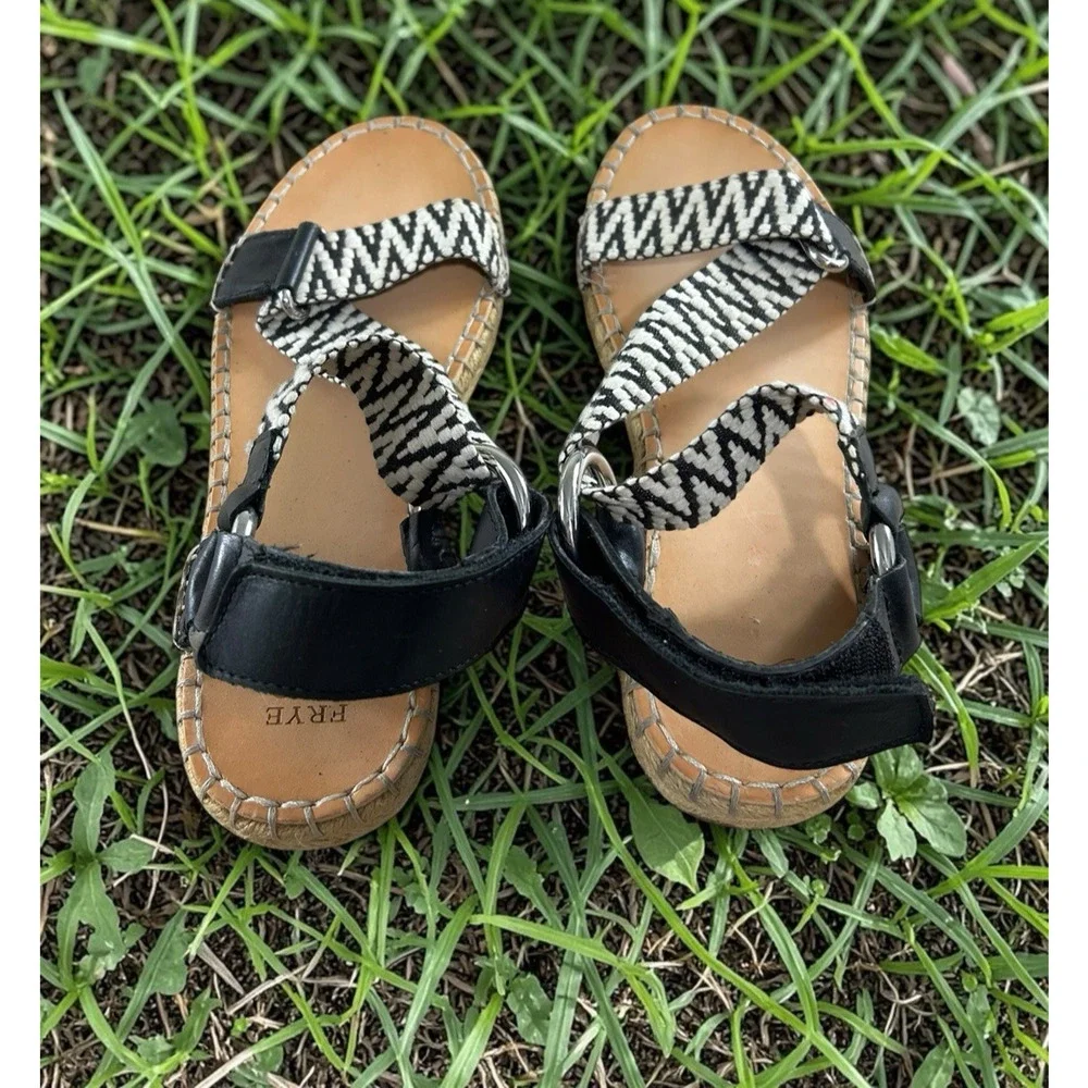 Frye & Co. Kole Asymmetrical Sandals Sz 7 M Black White Straps Espadrille Shoes - Picture 7 of 11